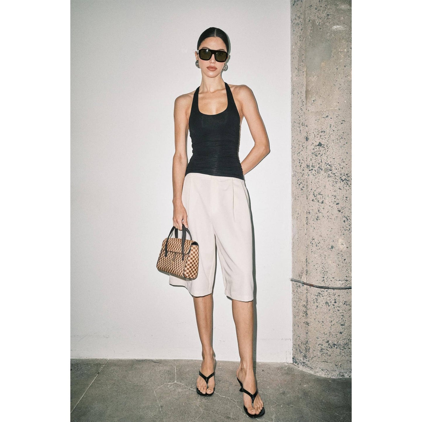 Cream Pleated Suiting Wide Leg Bermuda Shorts