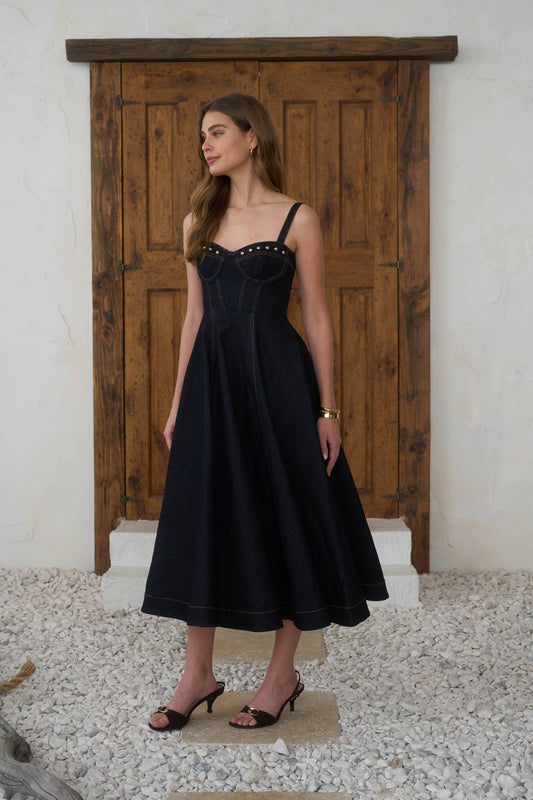 Studded Corset Denim Midi Dress
