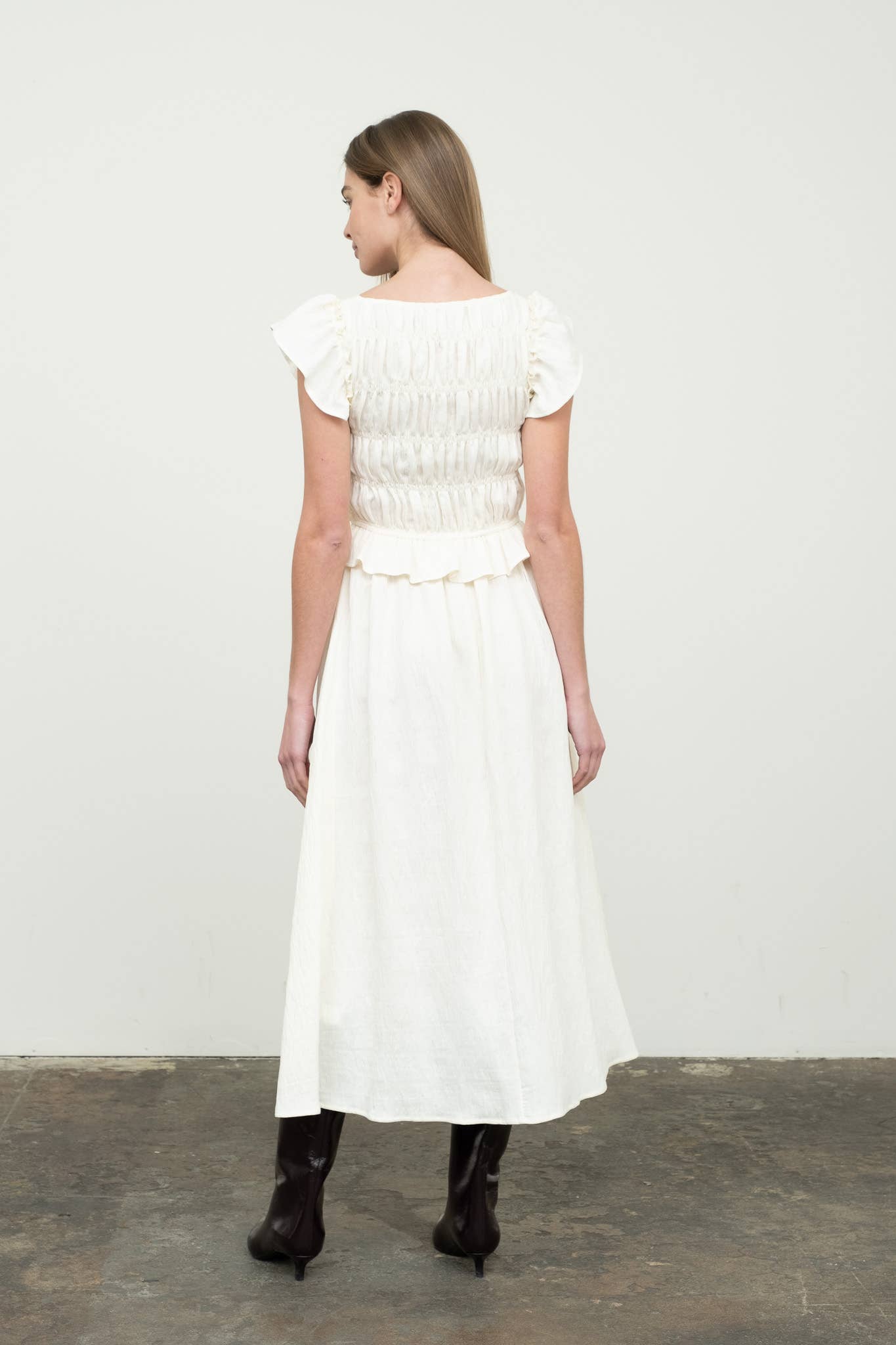 Black Shirred V-Neck Ruffle Trim Midi Dress