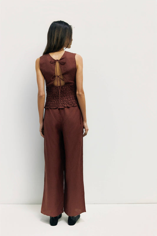 Brown Smocked Sleeveless Tie Back Top