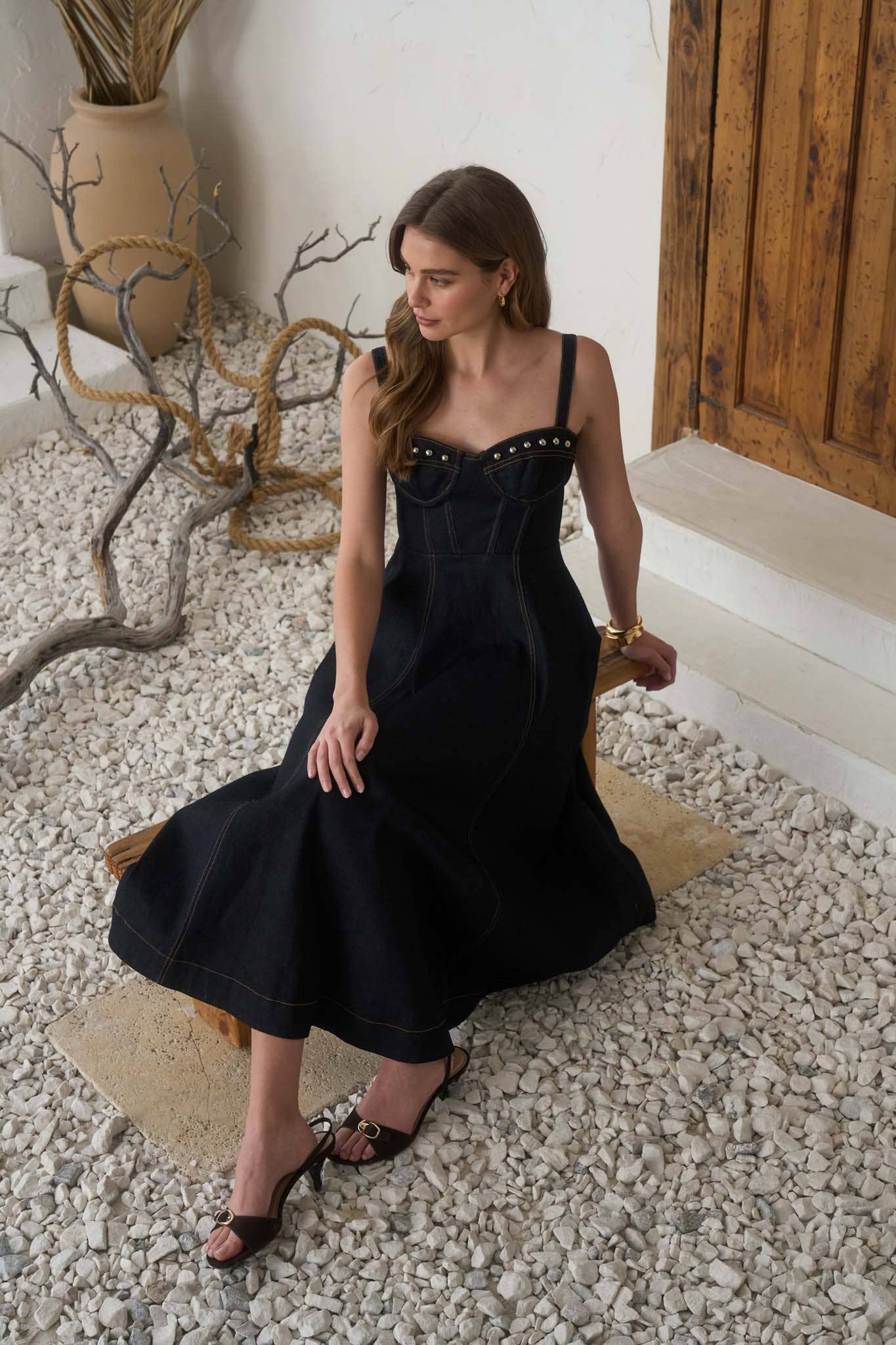 Studded Corset Denim Midi Dress