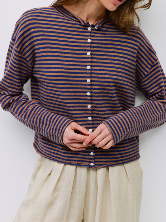 Rolled Edge Striped Button-Down Cardigan