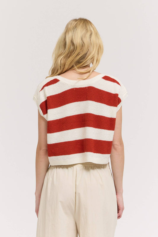 Red Stripe Drop Shoulder Cotton Knit Top