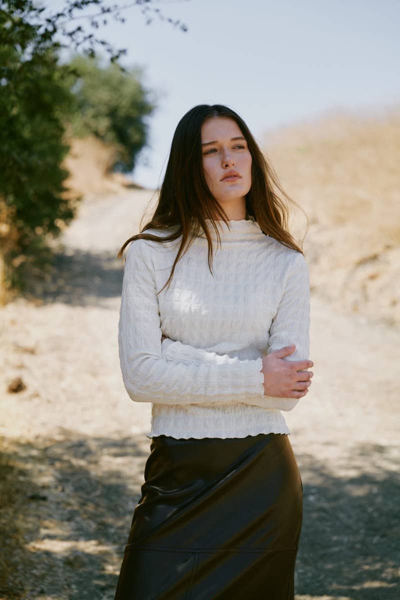 Shirred Mock Neck Long Sleeve Top