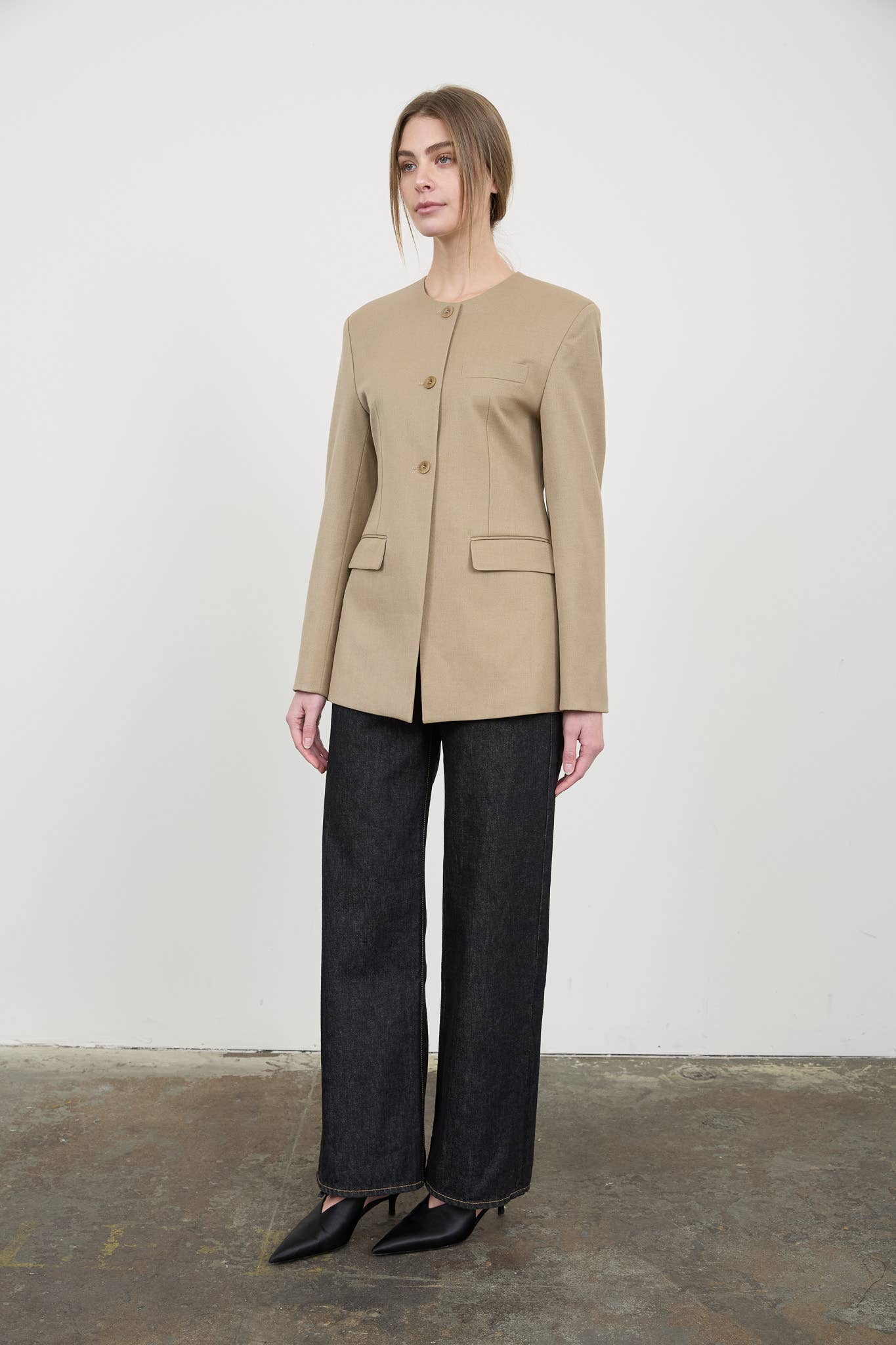 Taupe Collarless Tailored Blazer Jacket