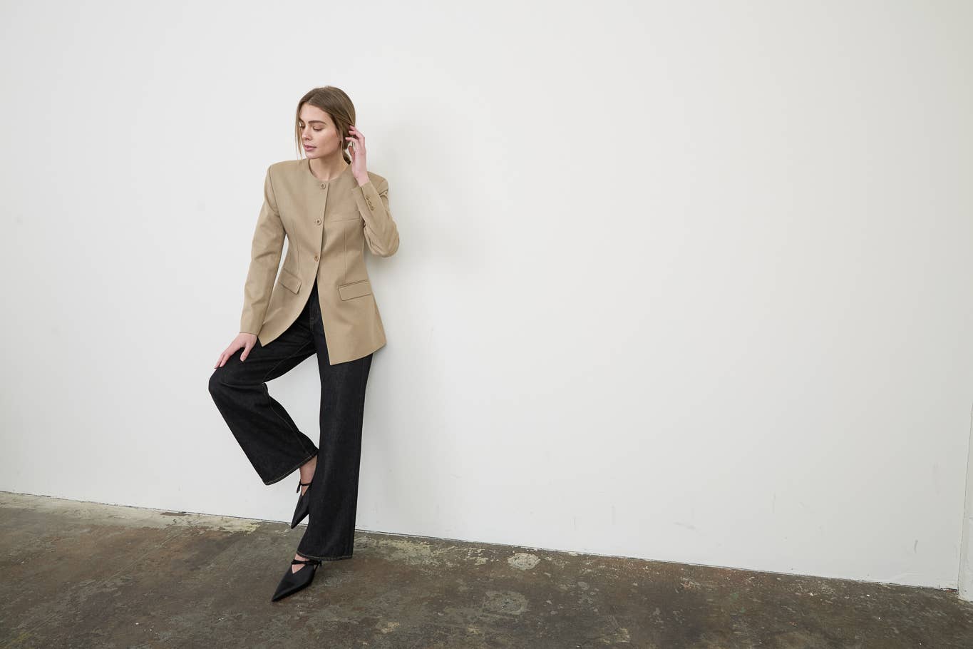 Taupe Collarless Tailored Blazer Jacket