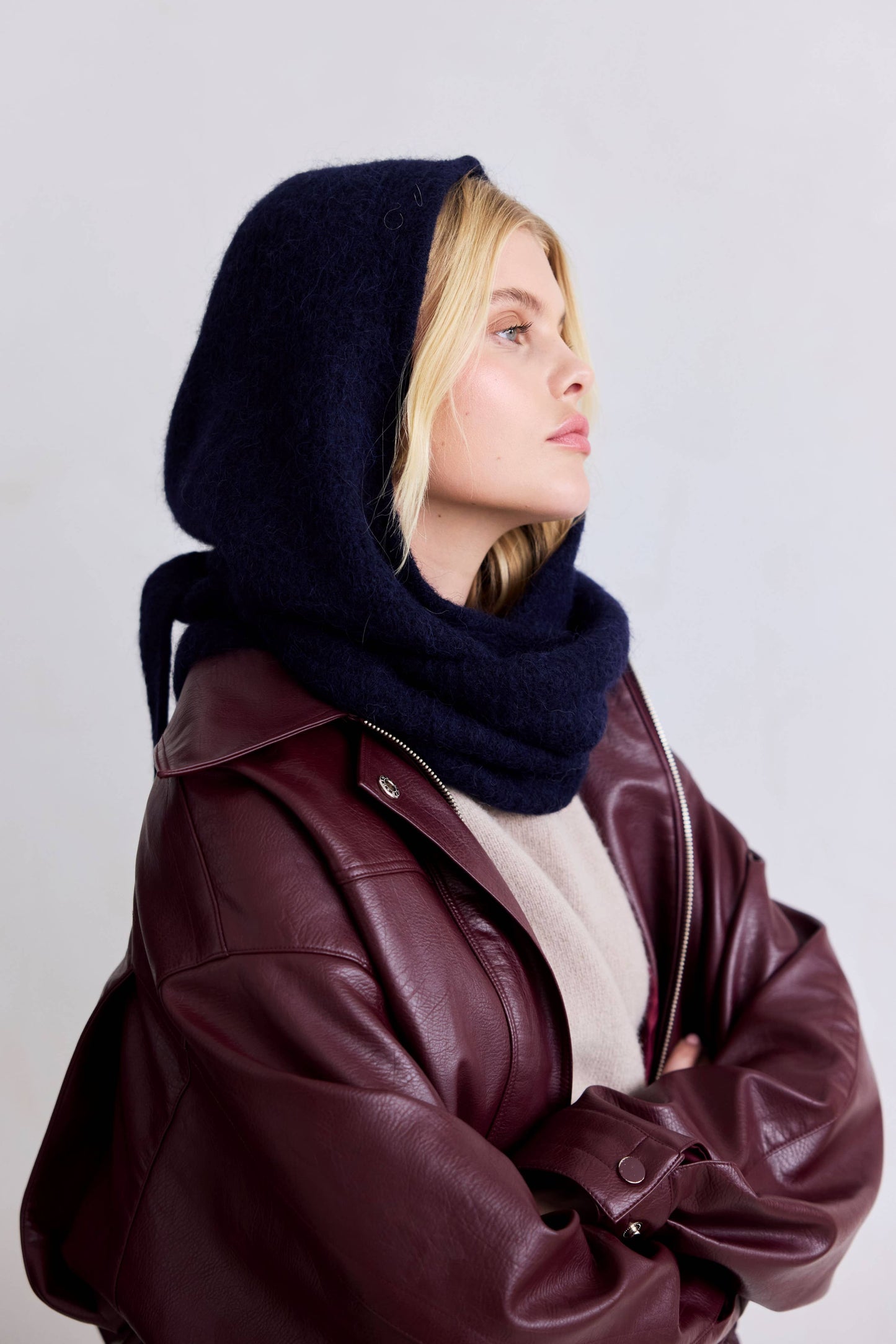 Dark Navy Alpaca Wool Hooded Scarf