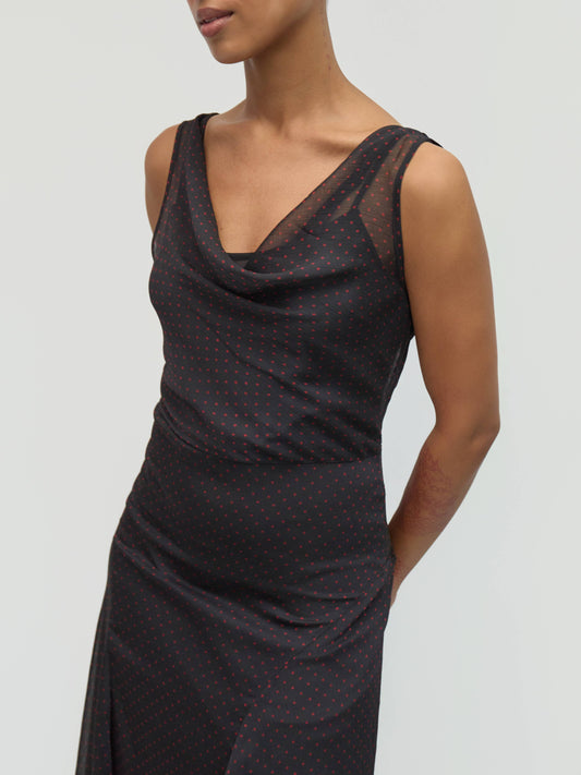 Black Red Polka Chiffon Midi Dress