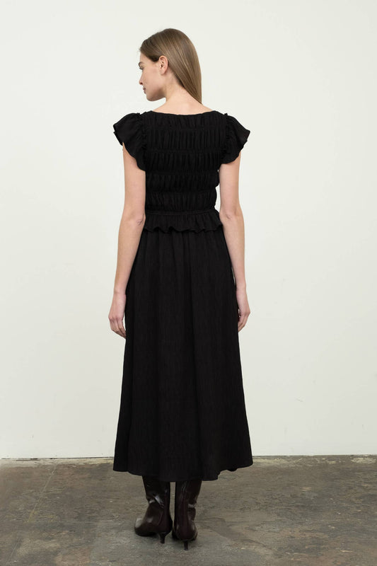 Black Shirred V-Neck Ruffle Trim Midi Dress