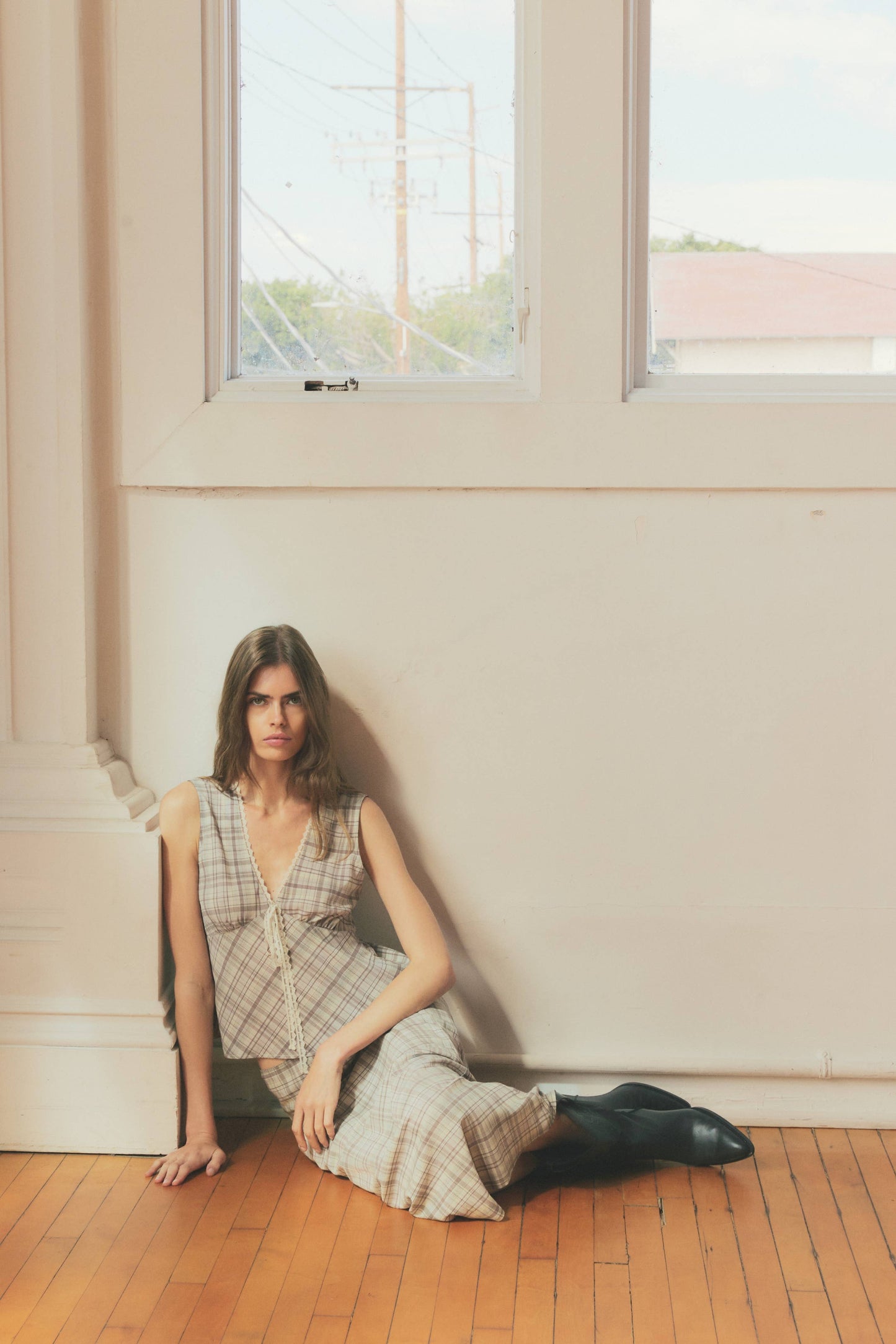 Beige Plaid Lace Trim V-Neck Top