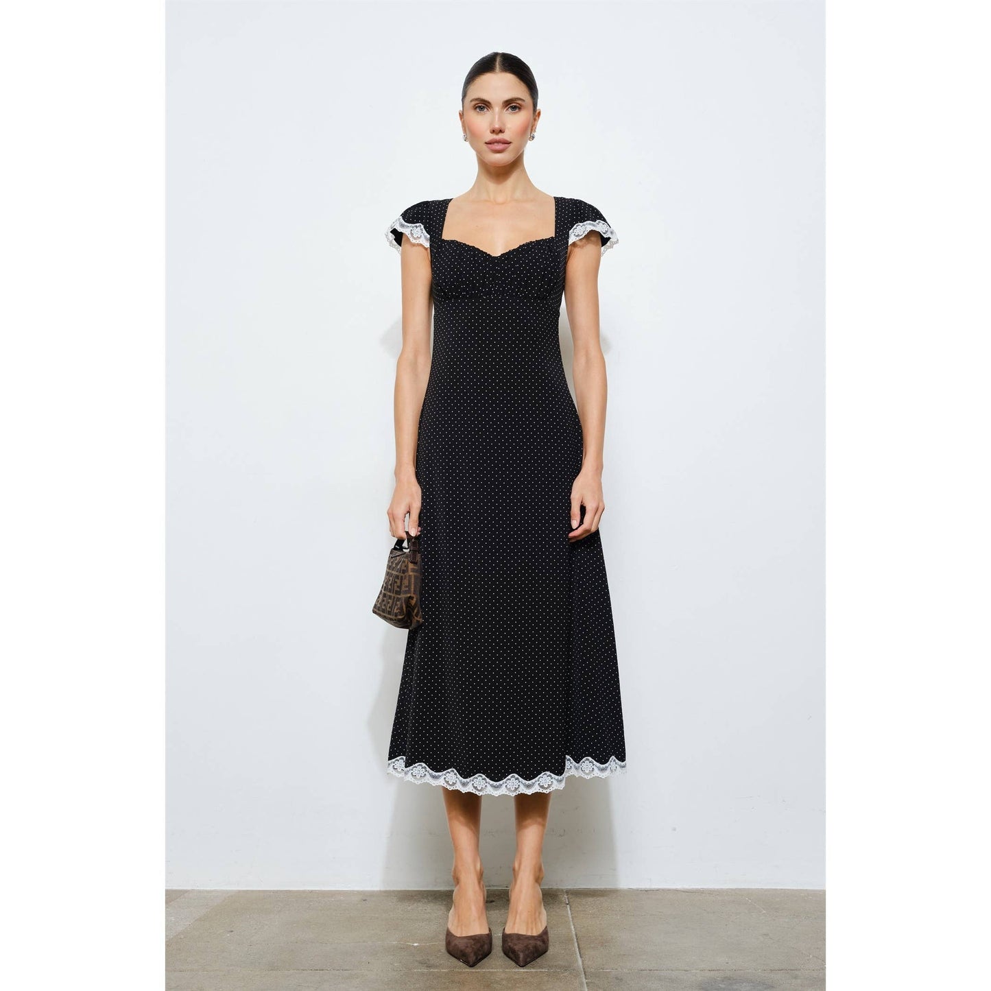 Black Polka Dot Lace Trim Midi Dress