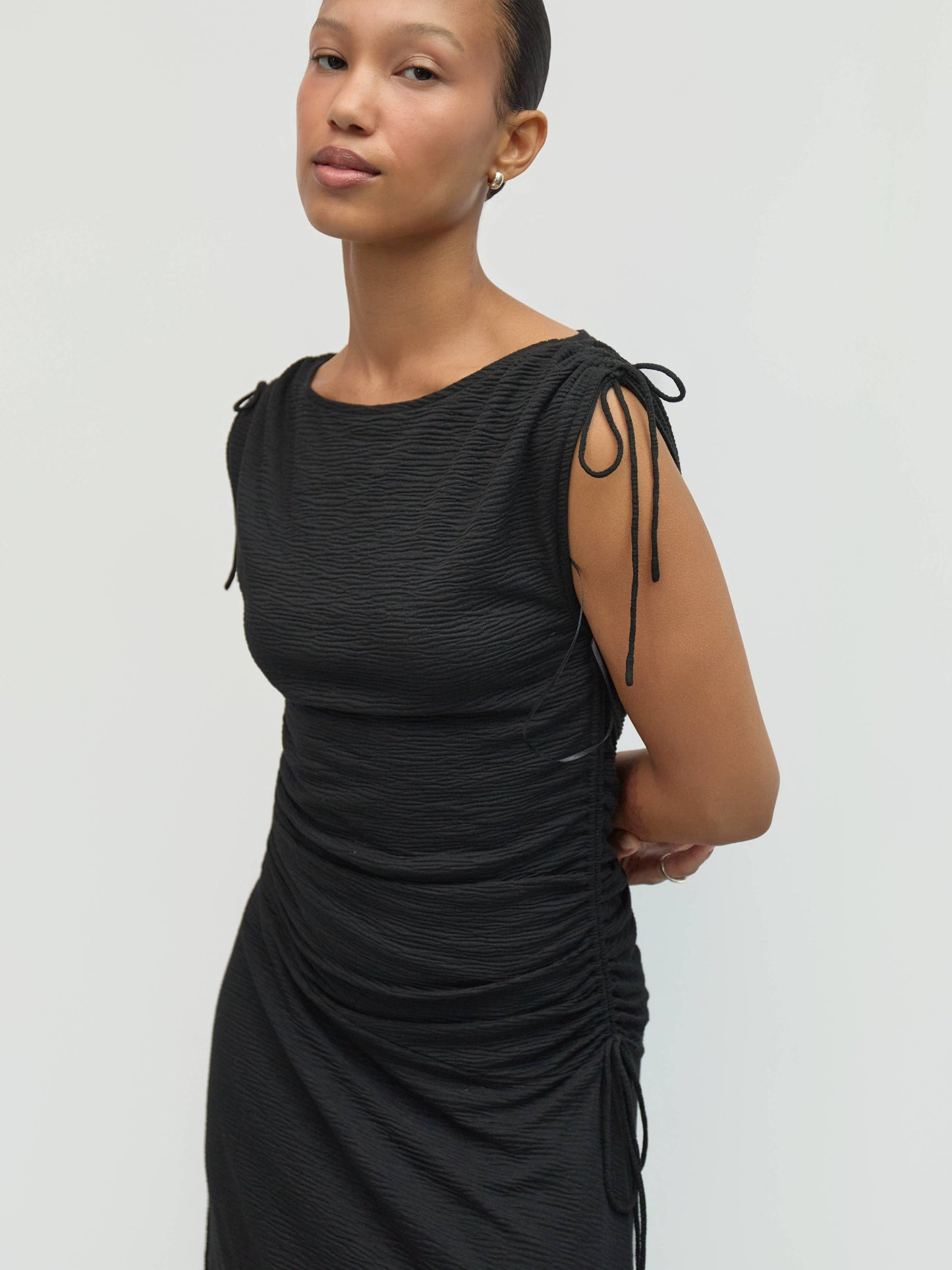 Black Asymmetrical Textured Crinkle Midi Dress