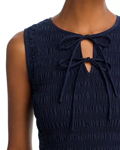 Navy Smocked Bodice Front Tie Midi Dress