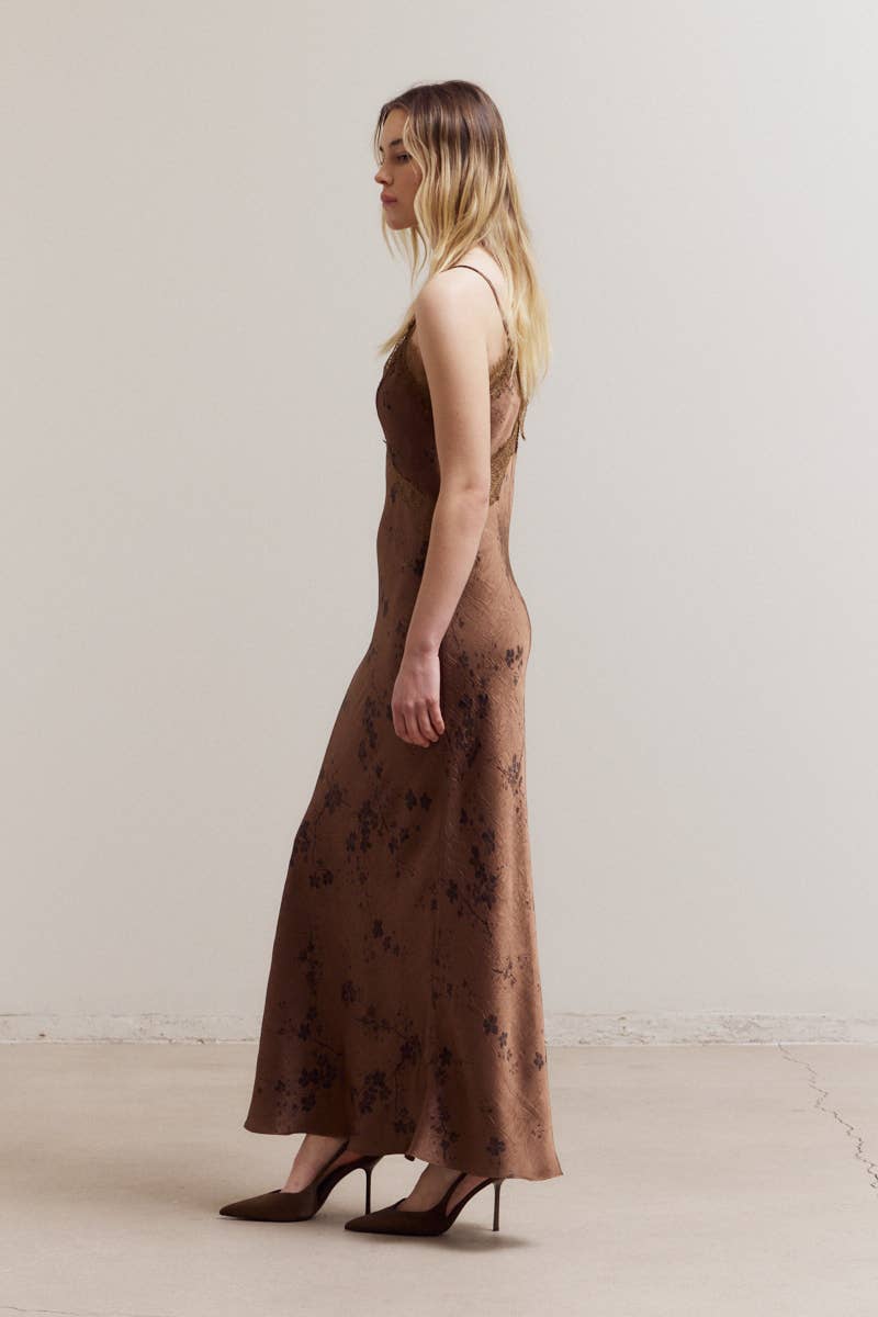 Brown Floral Print Lace Maxi Slip Dress