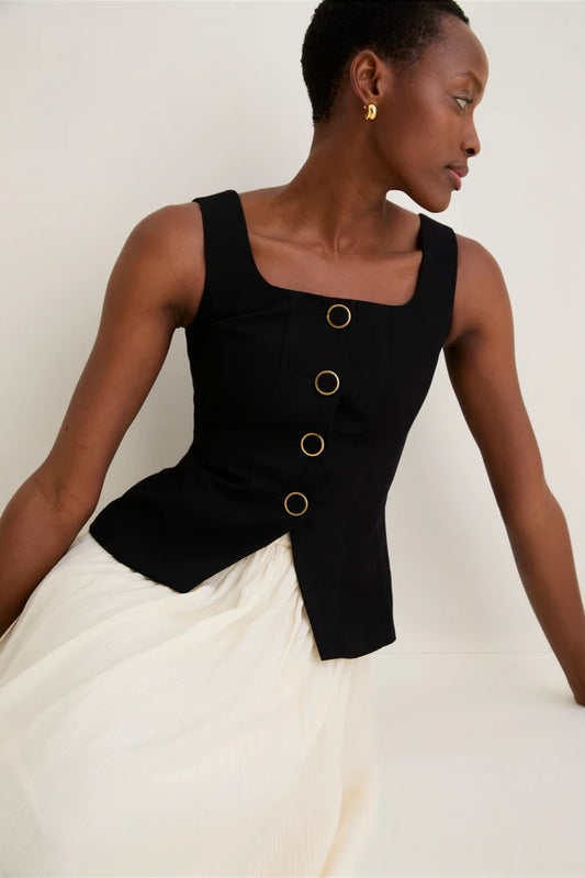 Black Two Tone Button Front Midi Dress