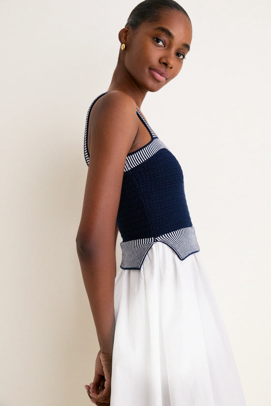 Navy White Crochet Top Midi Dress