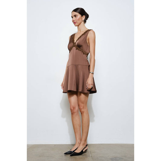 Brown Lace Trim Satin Mini Dress