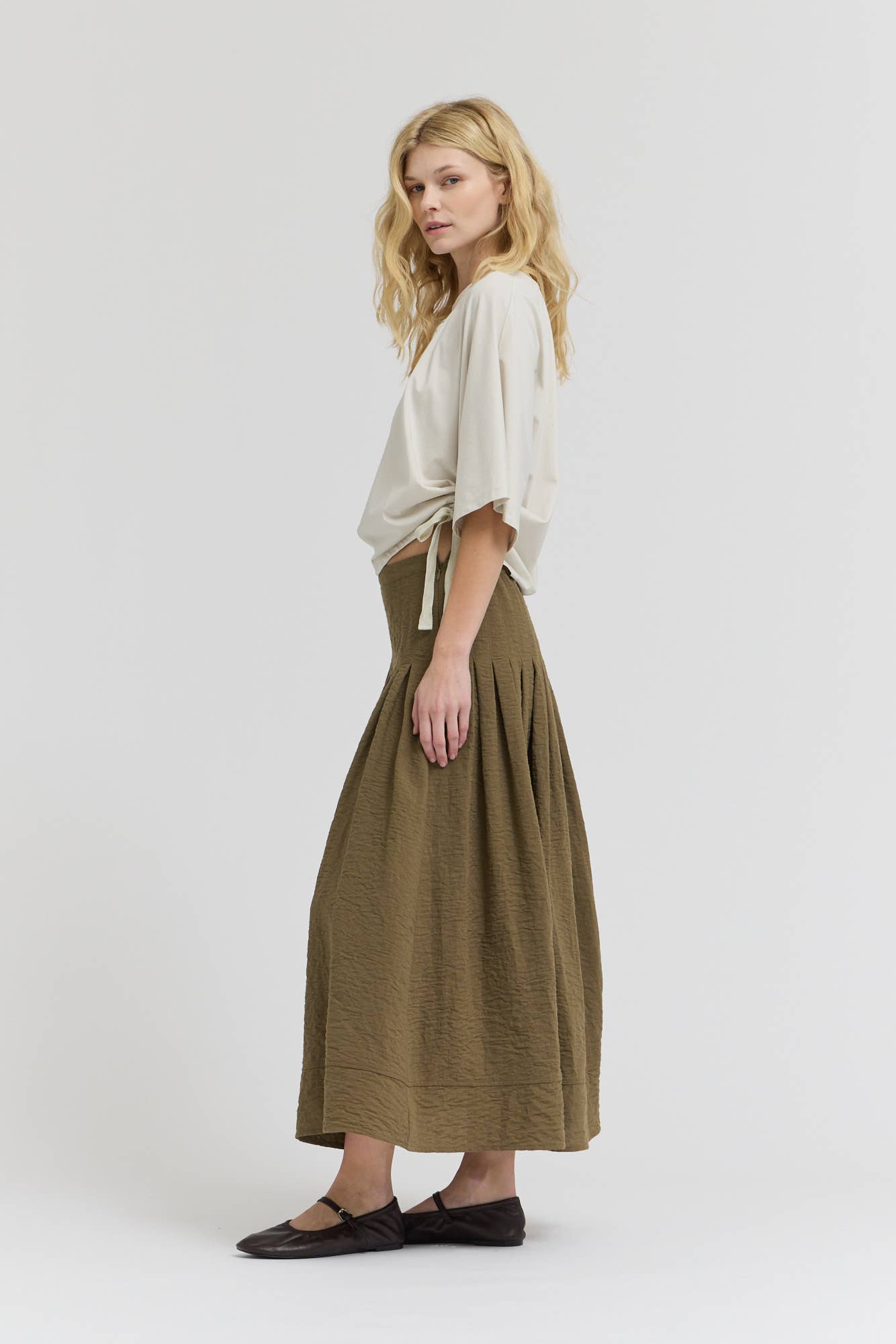 Olive Pintuck Waist Mermaid Skirt