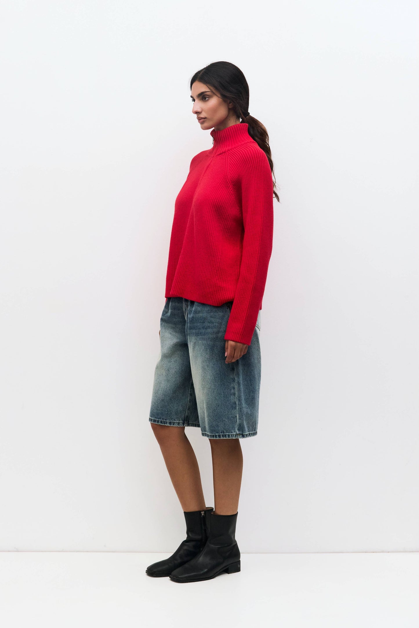 Red Half-Zip Ribbed Sweater