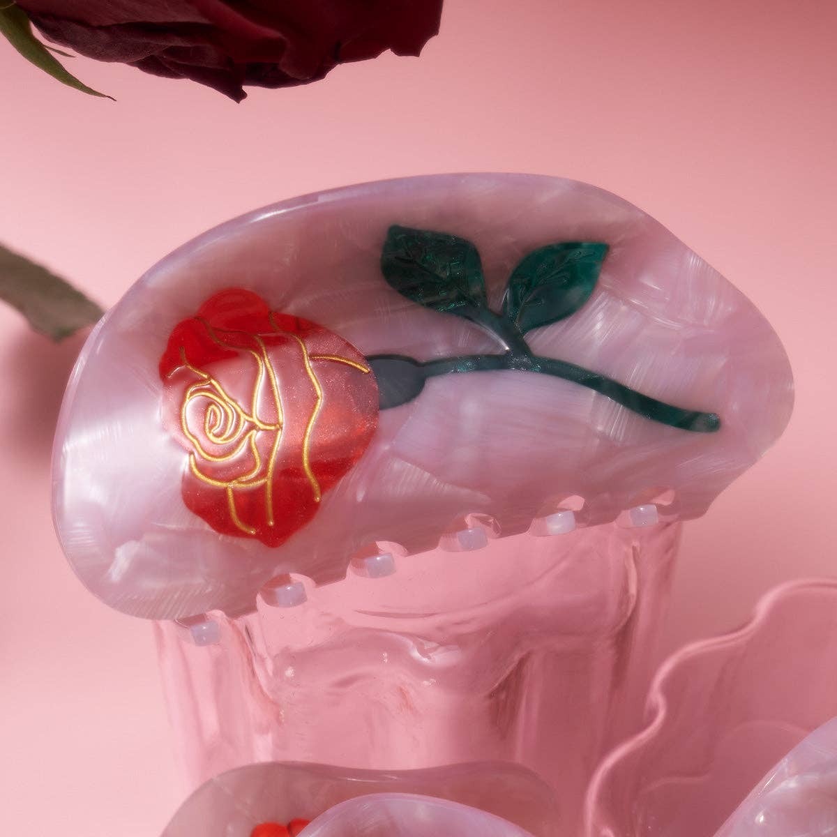 Pink Belle Red Rose Hair Claw