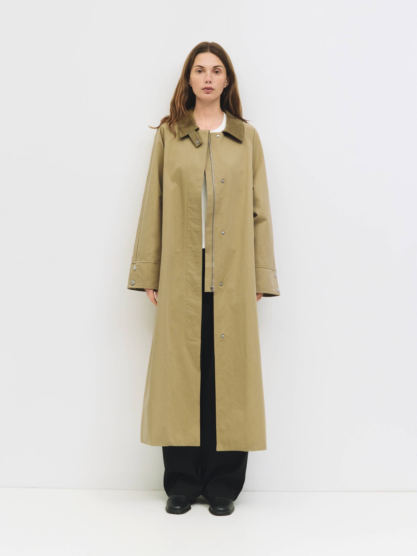 Khaki Corduroy Collared Long Trench Coat