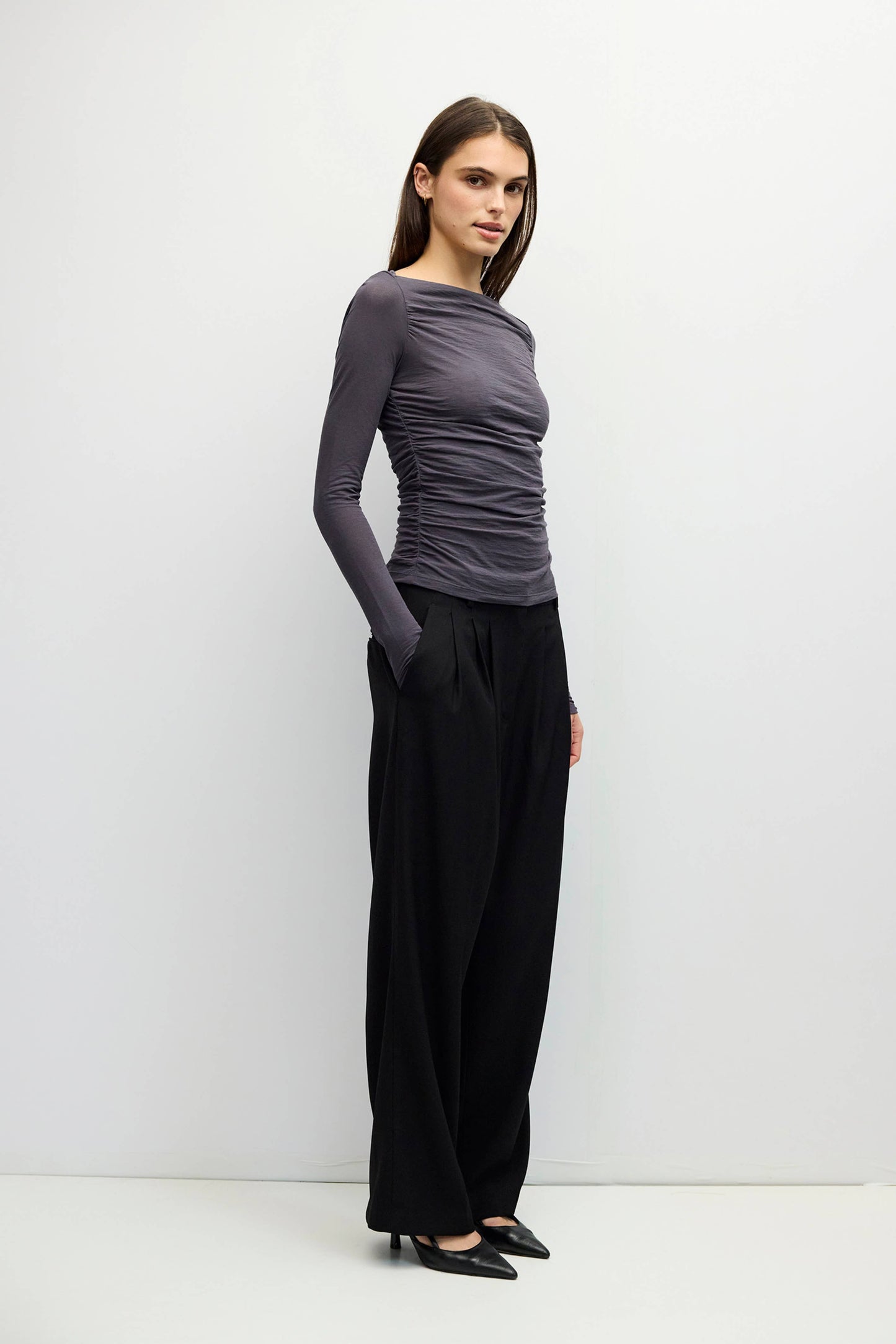 Charcoal Wide Neck Pleated Knit Long Sleeve