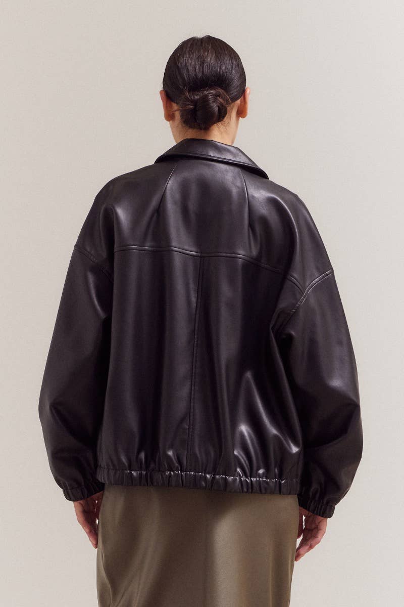 Black Vegan Leather Bomber Jacket