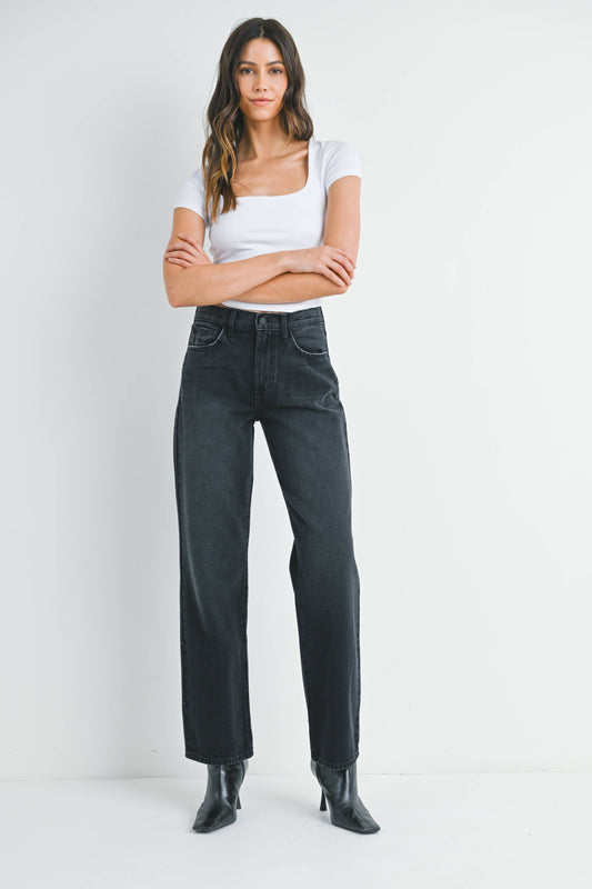 Mid Rise Washed Black Relaxed Straight Jeans - 100% Cotton