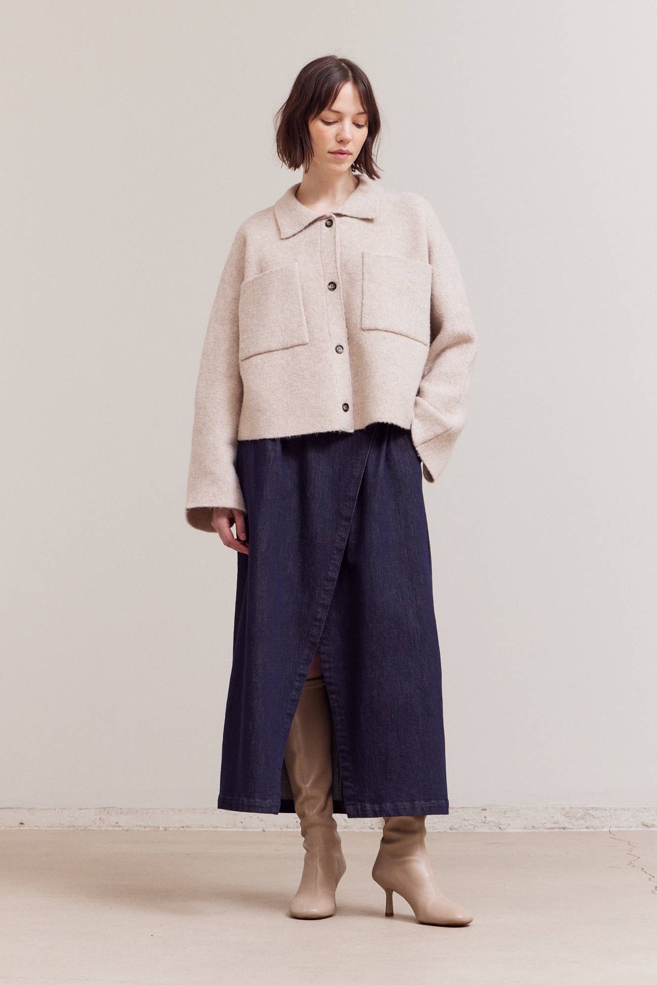 Oatmeal Short Knit Sweater Jacket