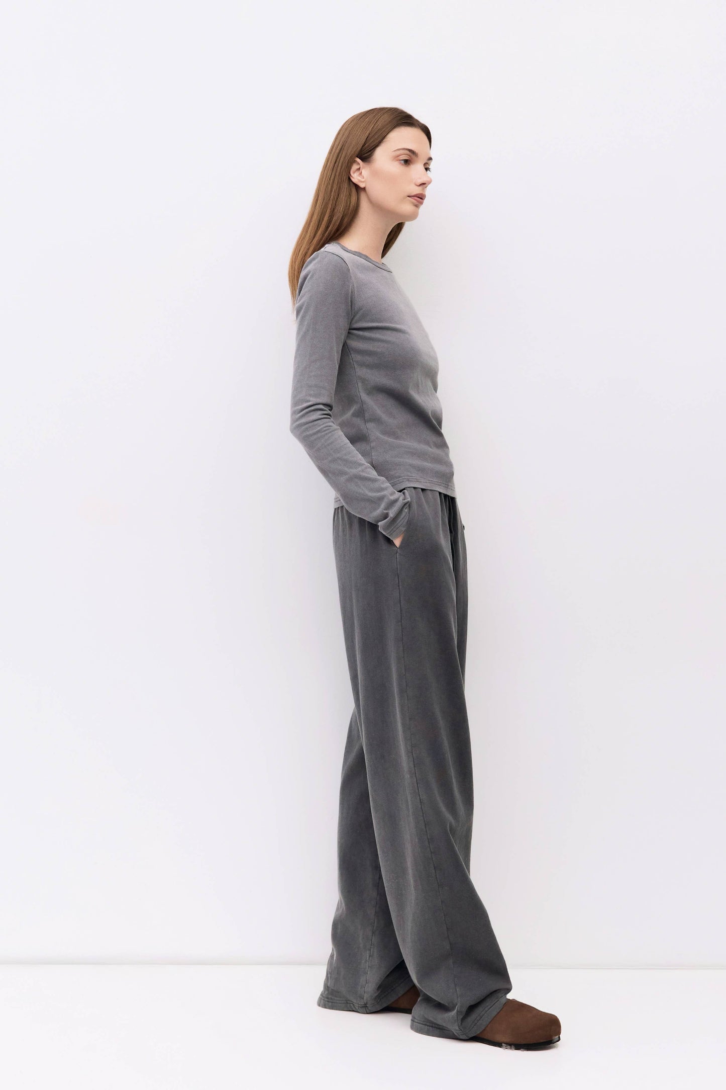 Charcoal Gray Wide Leg Tie Front Fleece Pants