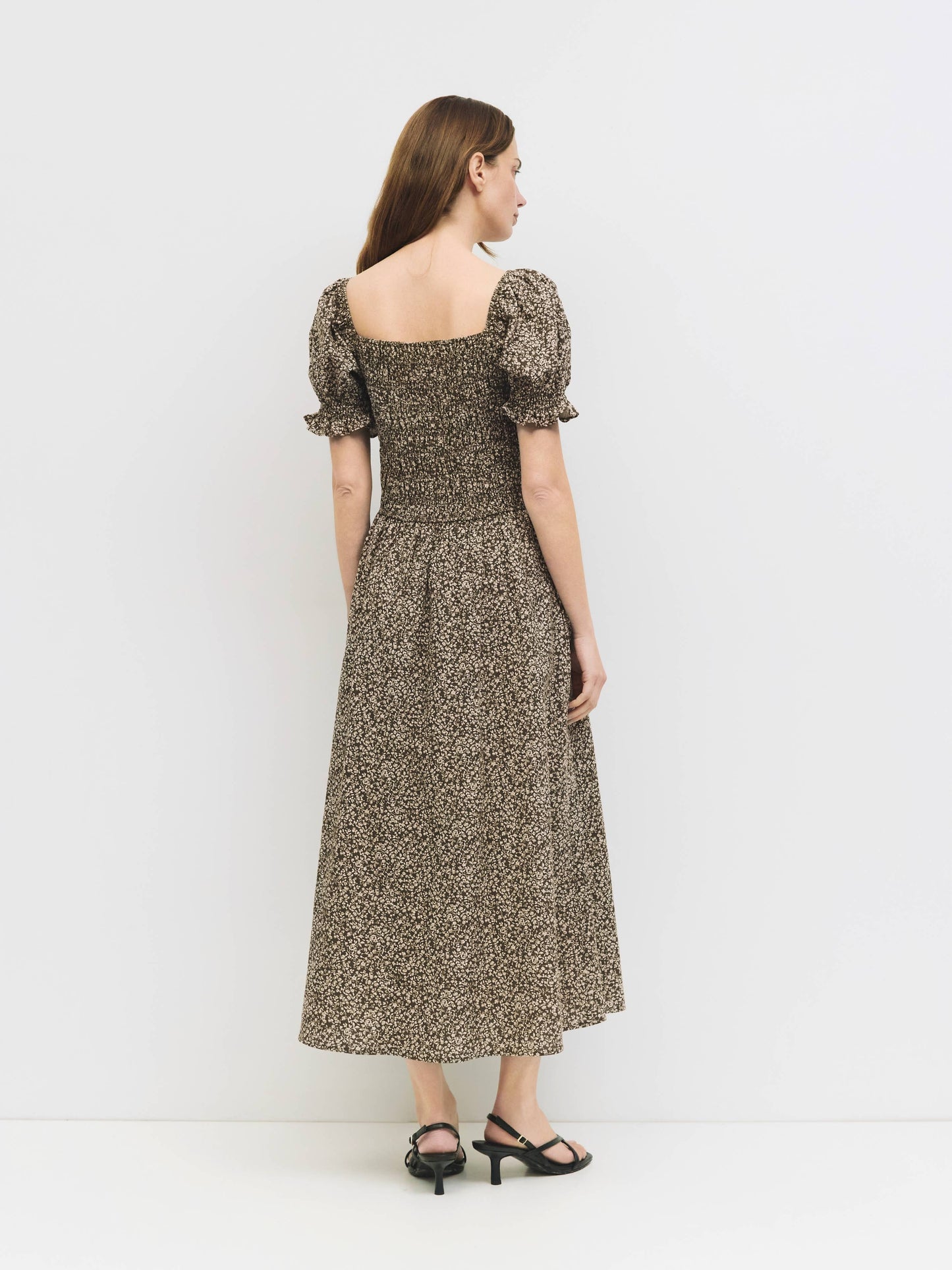 Brown Floral Cotton Smocked Midi Dress