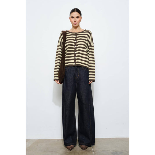 Brown Yellow Striped Boxy Button Up Cardigan