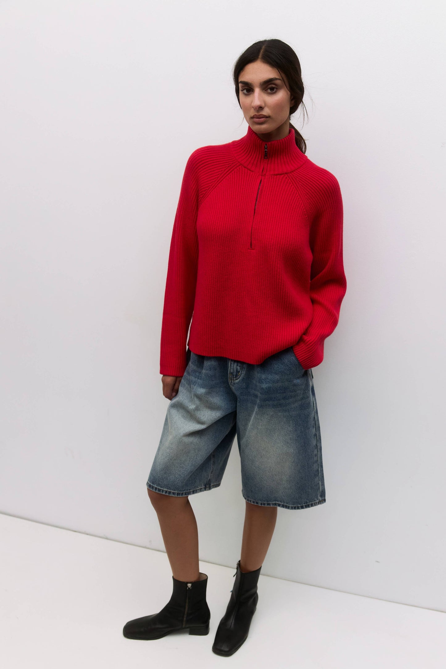 Red Half-Zip Ribbed Sweater