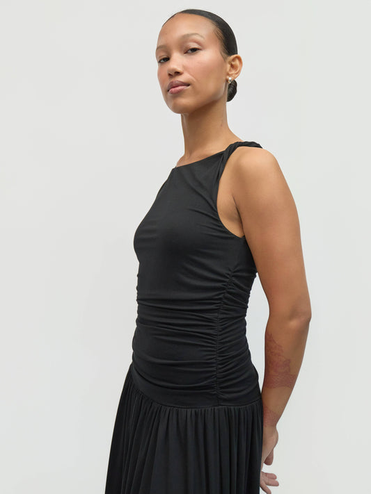 Black Twist Strap Ruched Waist Midi Dress