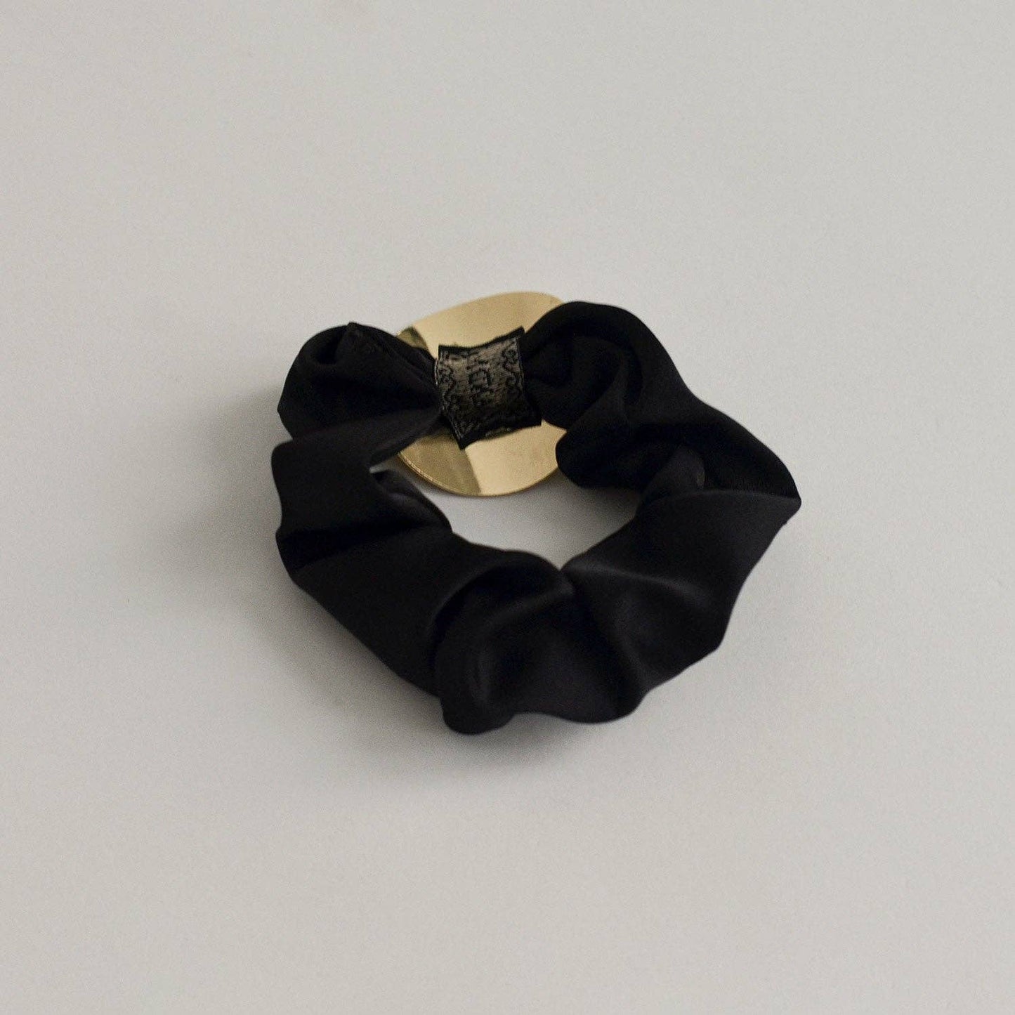 Black Satin Scrunchie with Round Gold Charm