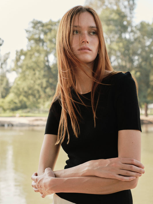 Black and Ivory Mixed Media Pleated Midi Dress