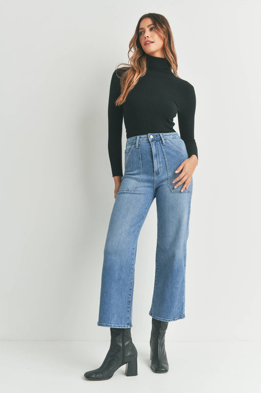 Medium Wash Utility Cargo Pocket Wide Leg High Rise Jeans
