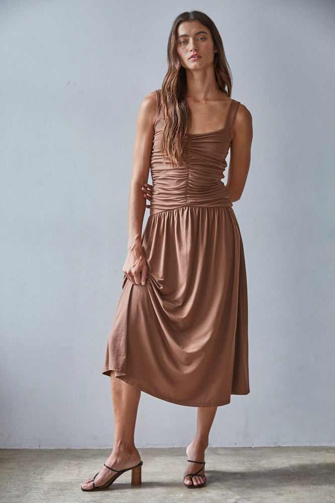Shirred Drop Waist Sleeveless Knit Maxi Dress