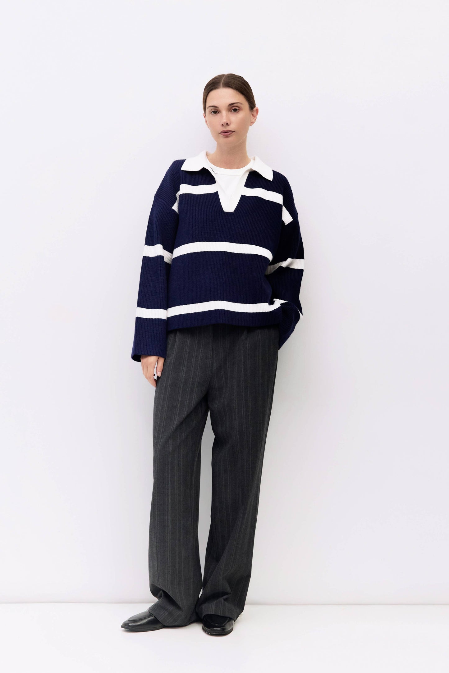 Navy Striped Collared Sweater