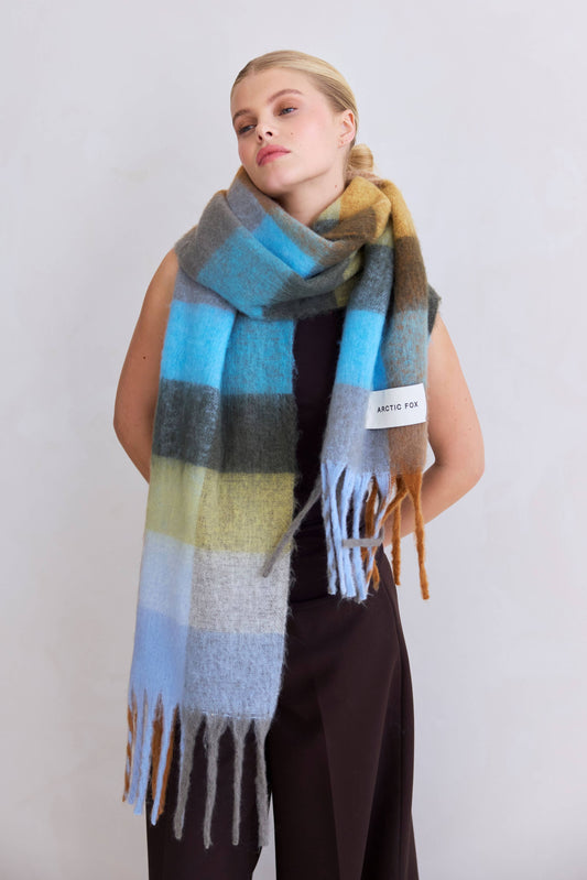Blue Orange Brushed Plaid Oversized Scarf