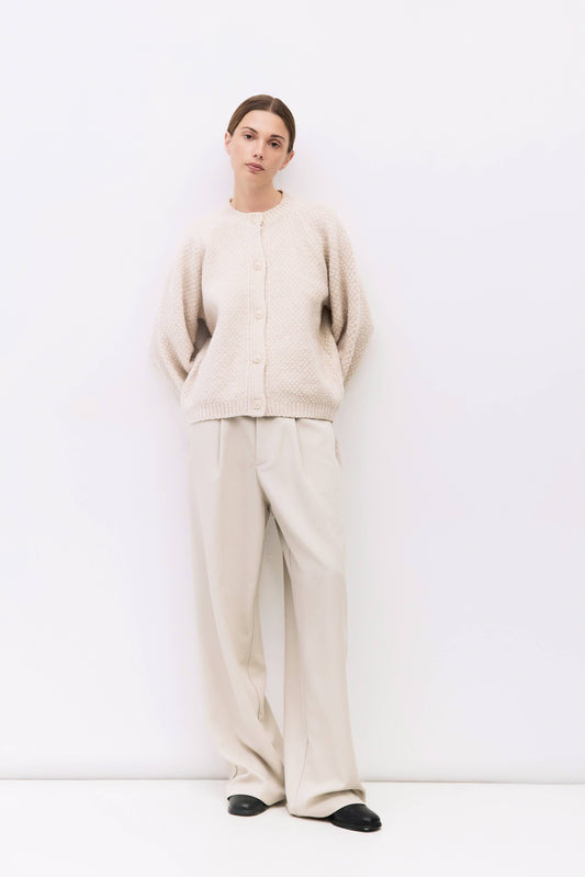 Cream Textured Weave Lantern Sleeve Cardigan