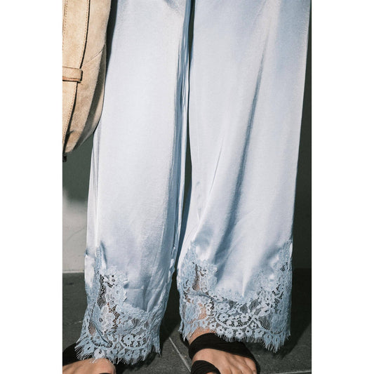 Light Blue Satin Lace Wide Leg Pants