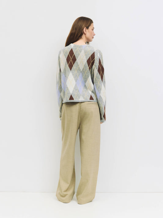 Grey Argyle Knit Cardigan Sweater