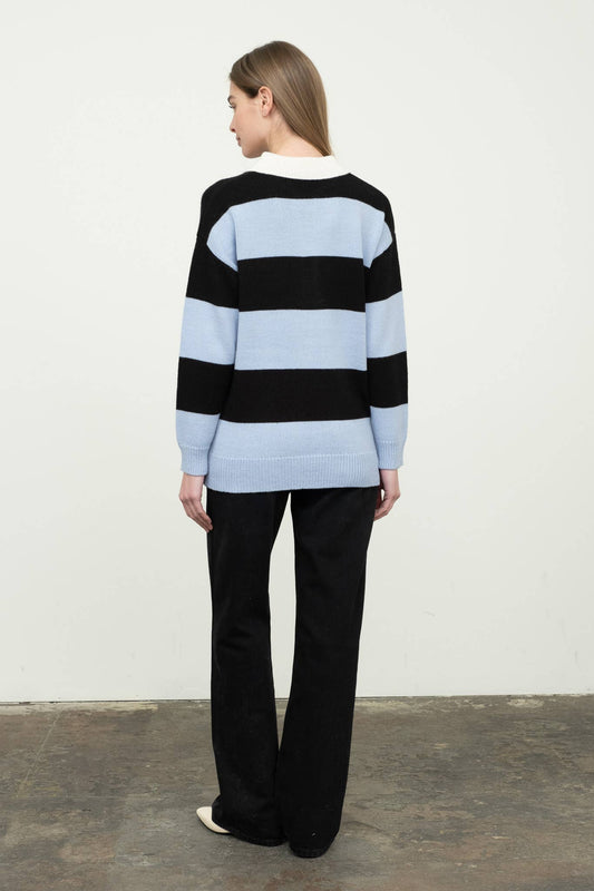 Light Blue Wide Stripe Polo Sweater