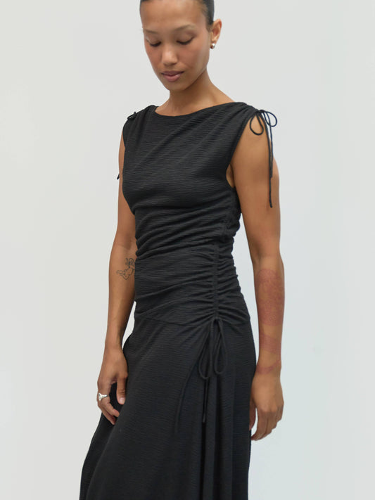 Black Asymmetrical Textured Crinkle Midi Dress