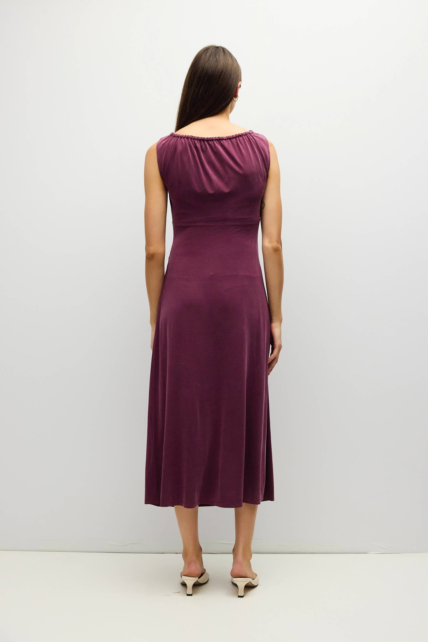 V-Neck Ruched Knit Midi Dress