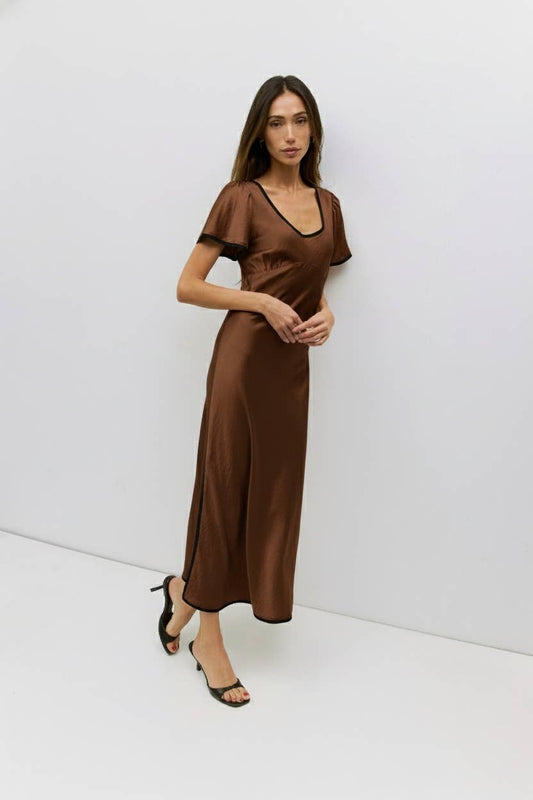 Brown Satin Contrast Trim Midi Dress