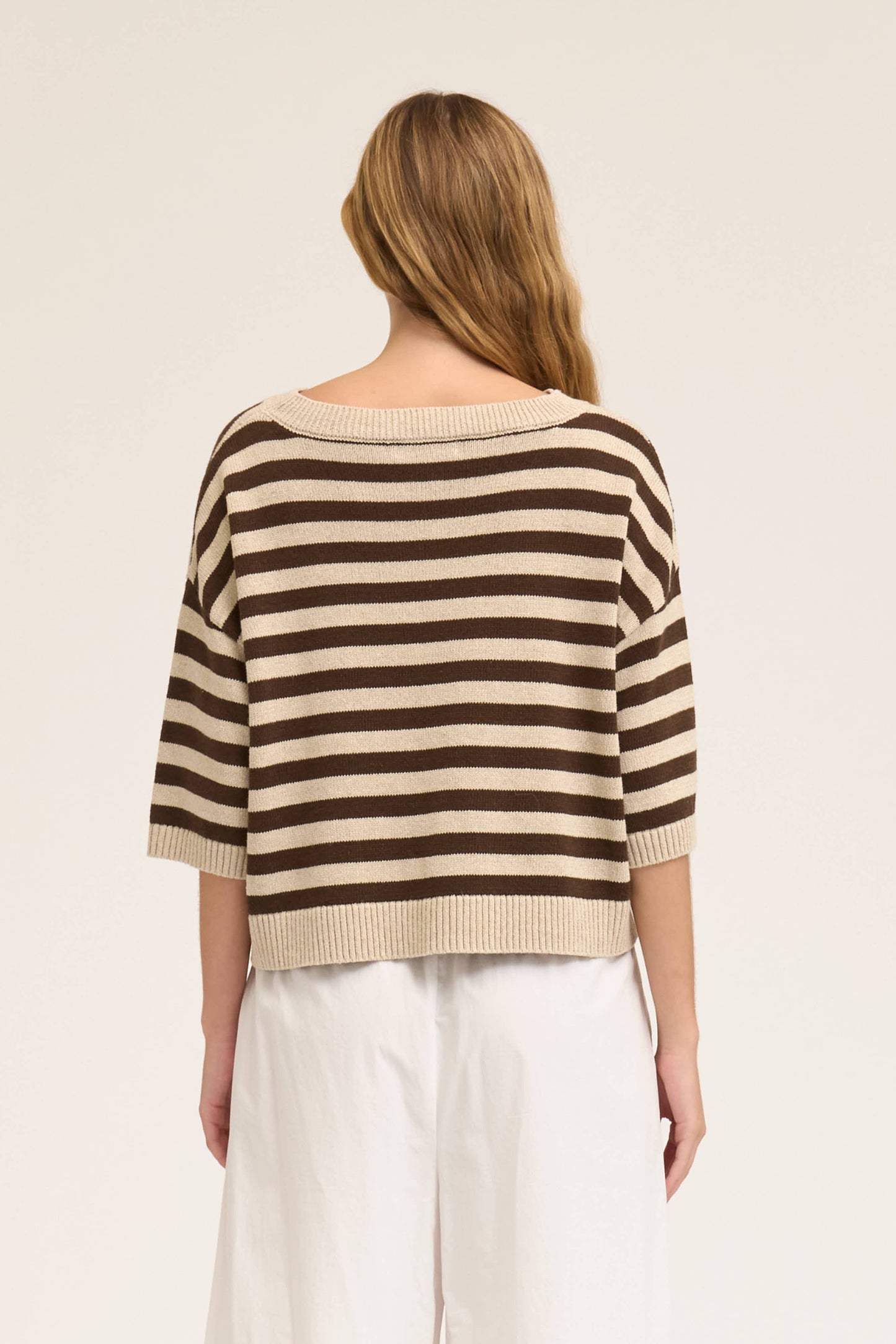Linen Drop Shoulder Stripe Short Sleeve Knit Top