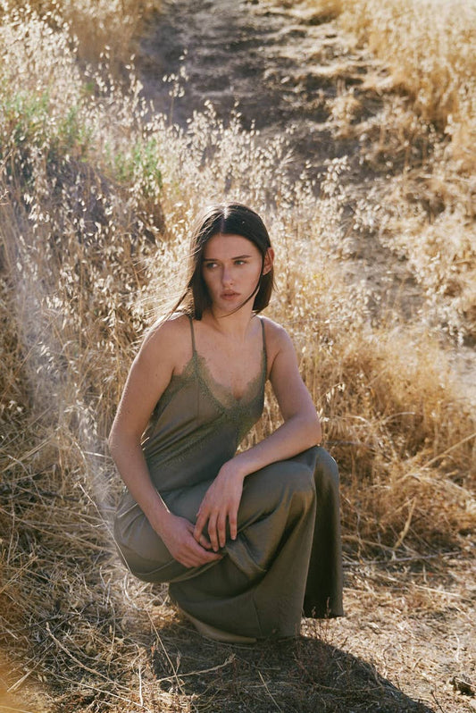 Olive Lace Detailed Satin Maxi Dress