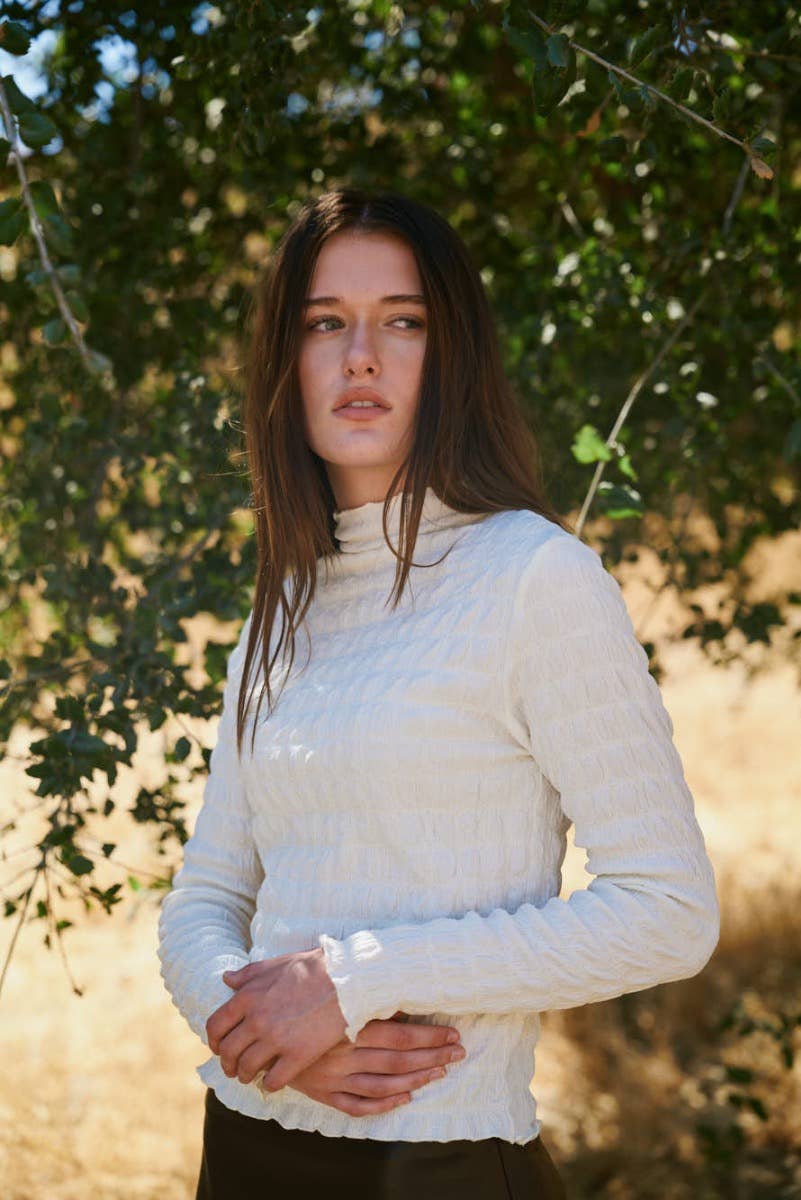 Shirred Mock Neck Long Sleeve Top